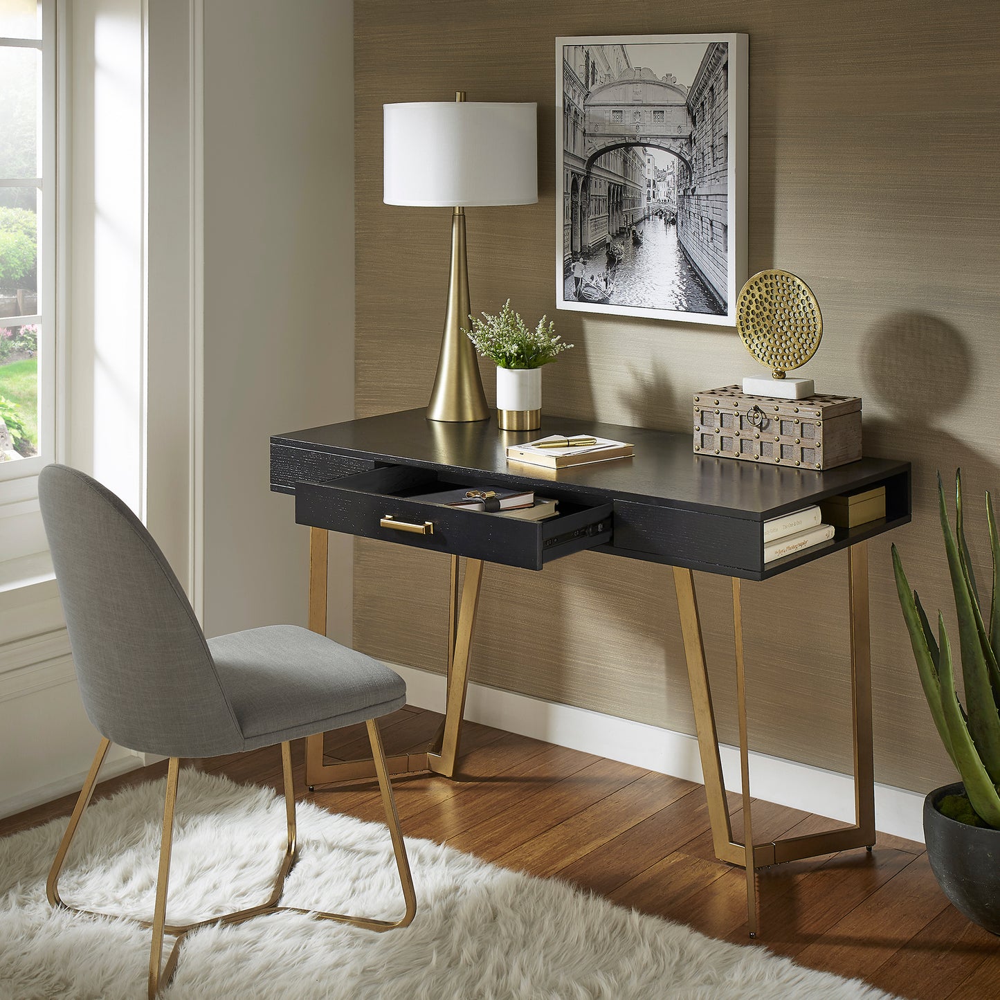 Black Finish Writing Desk with Gold Metal Base