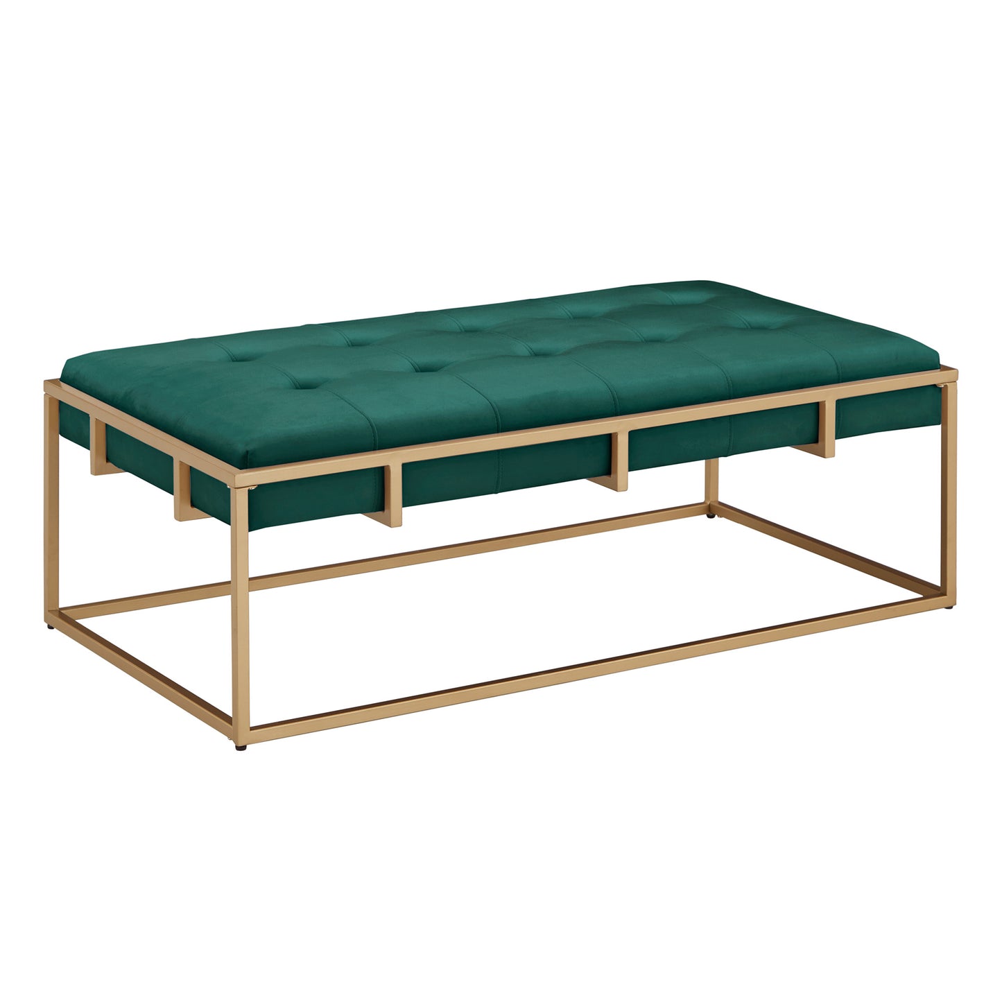 Gold Finish Velvet Button Tufted Rectangular Ottoman - Dark Green, Rectangular