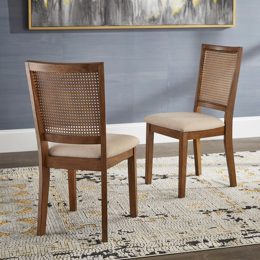 Oak Beige Linen Rattan Back Dining Chairs (Set of 2)