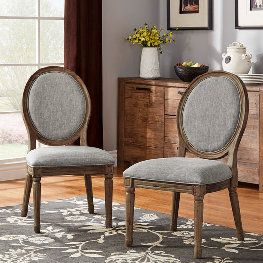 Round Linen and Wood Dining Chairs (Set of 2) - Gray Linen, Brown Finish