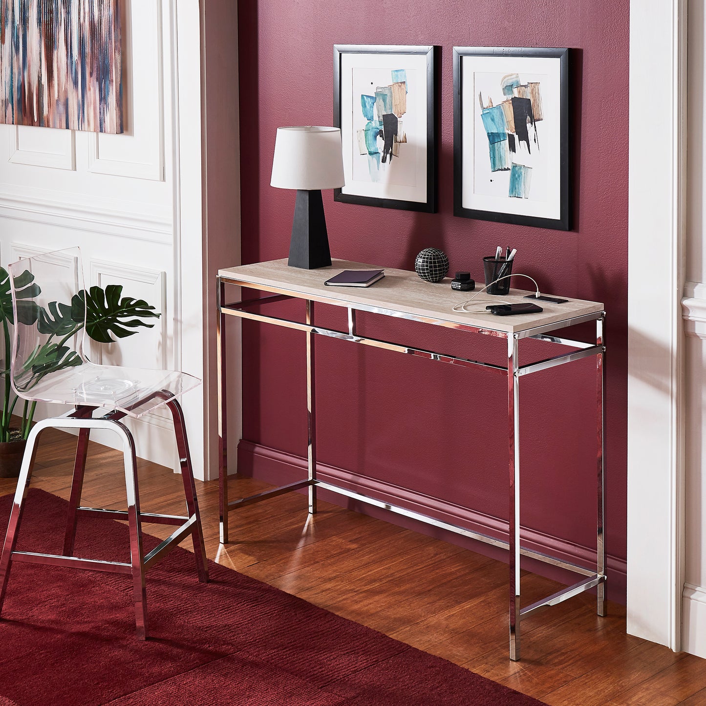 Chrome Finish Counter Height Desk with Faux Marble Top and USB Charging Port