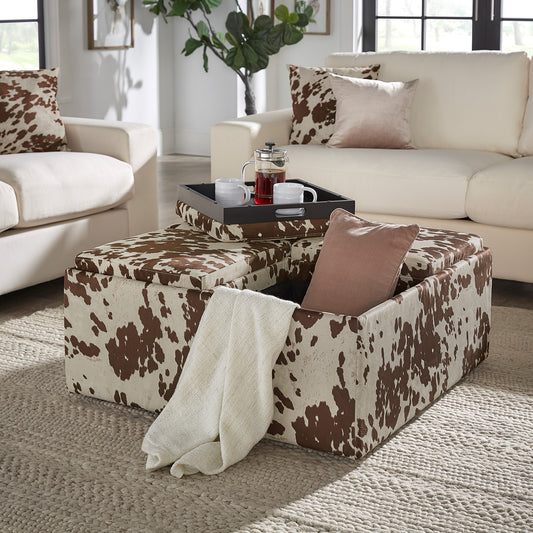 Upholstered Storage Ottoman - Brown Cowhide Print Fabric