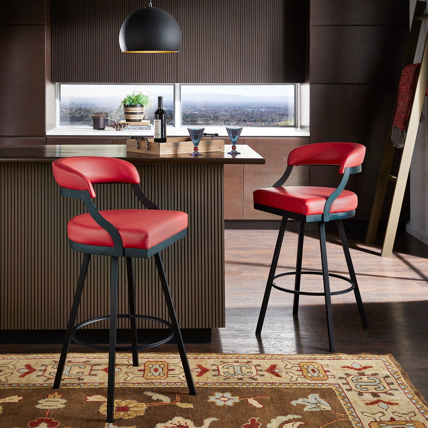 Black Finish Metal Vegan Leather Swivel Chair (Set of 2) - 29 in. Bar Height, Red