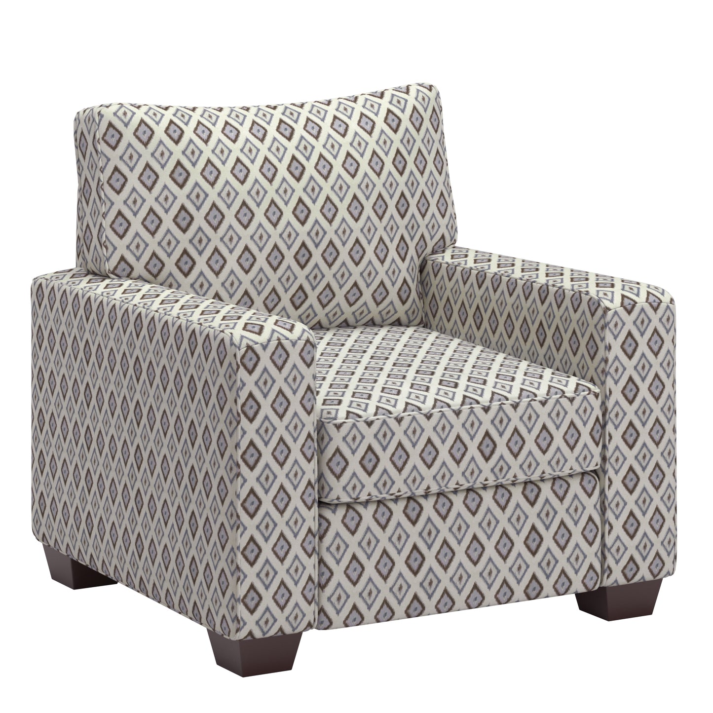 Modern Fabric Upholstered Square Arm Sofa - Living Room Chair, Brown and Blue Diamond Pattern Fabric