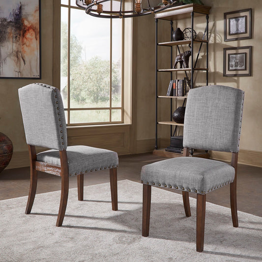 Linen Nailhead Chairs (Set of 2) - Brown Finish, Gray Linen