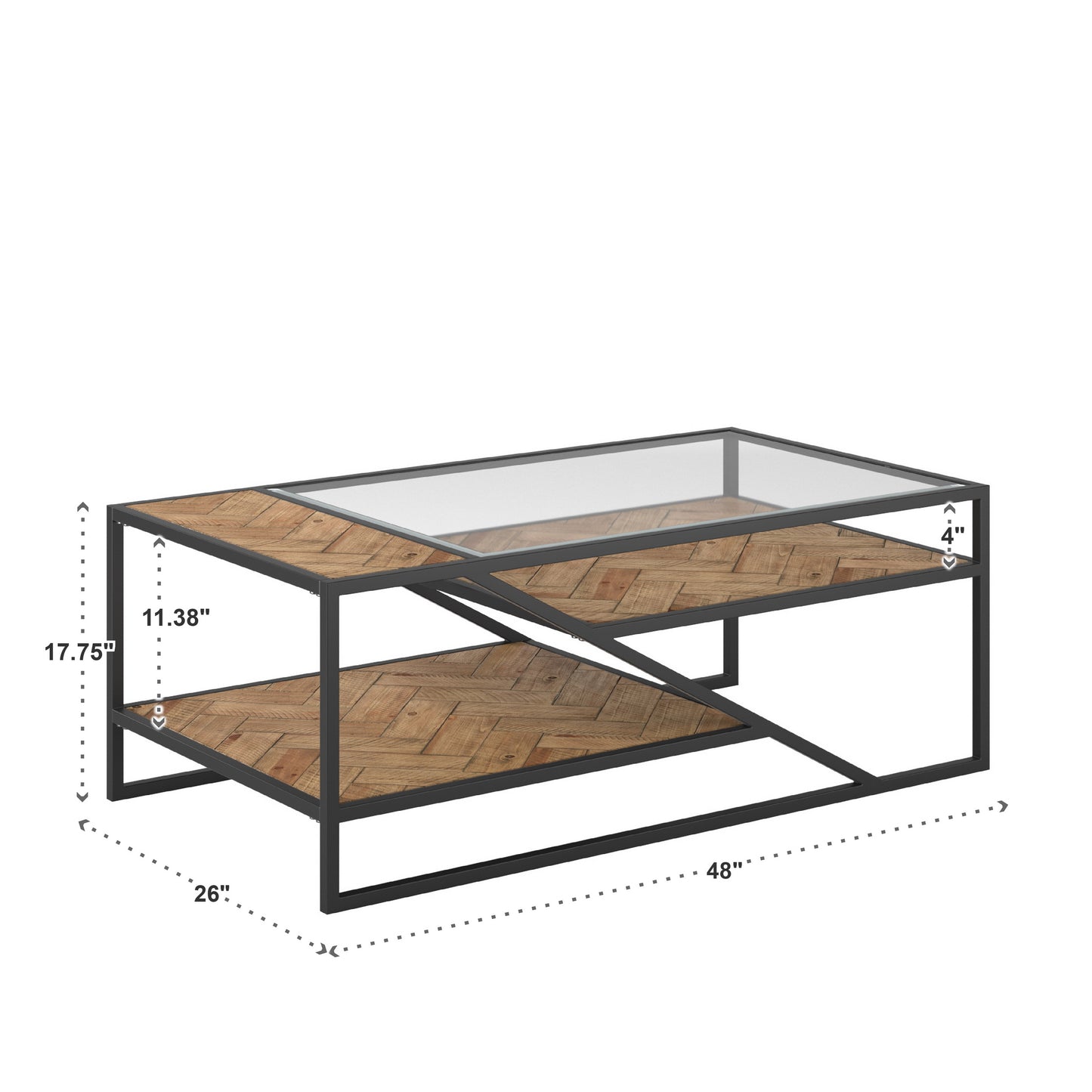 Black Metal Parquet Wood and Glass Tables - Coffee Table Only