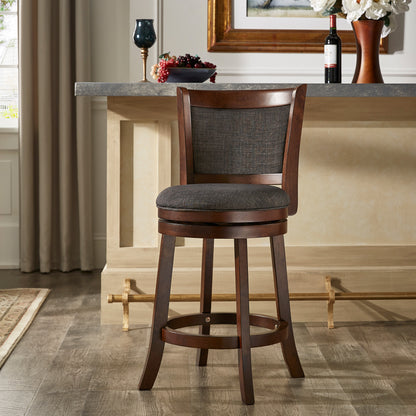 Upholstered Back Swivel Stool - 24" Counter Height, Cherry Finish, Dark Gray Linen