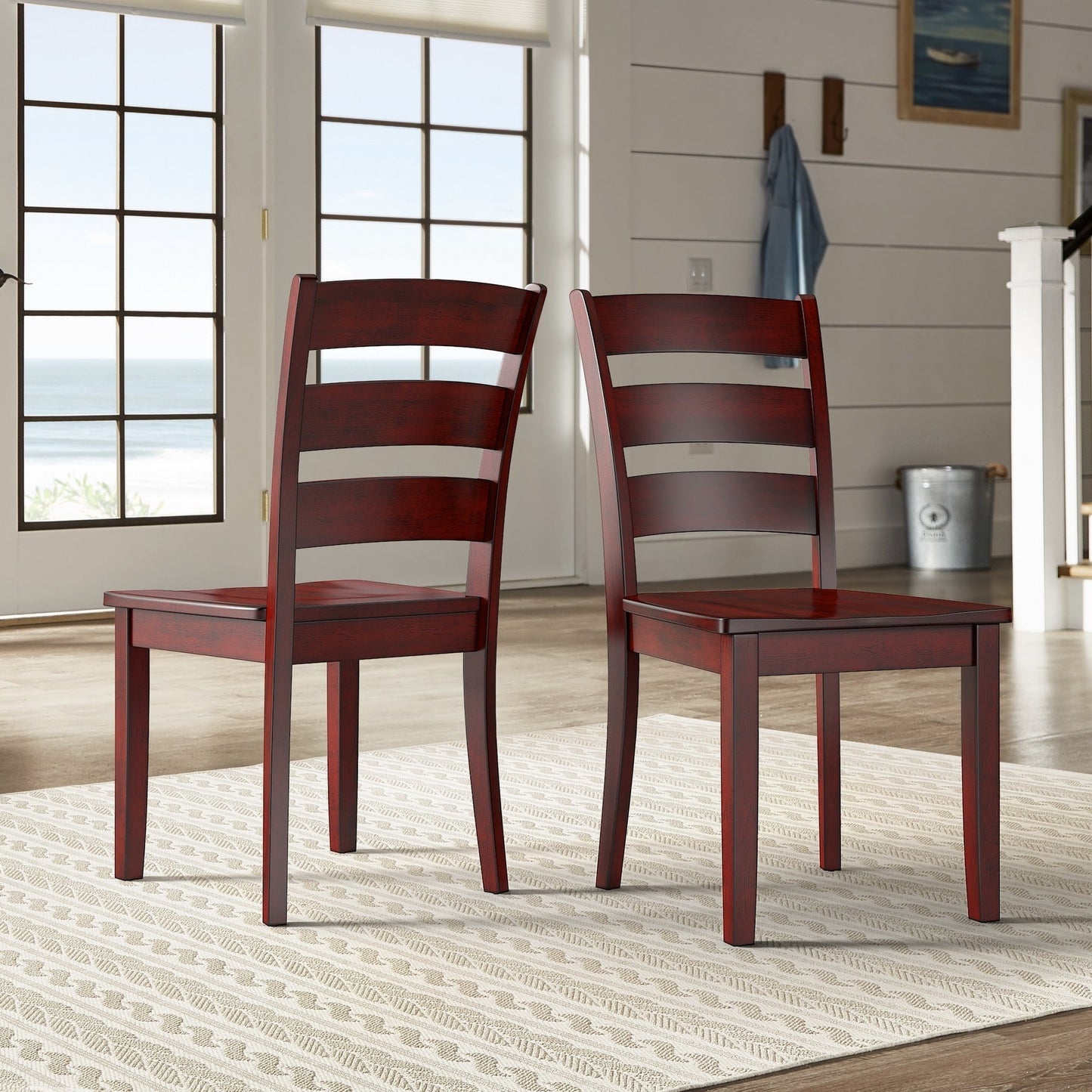 Oak Wood Finish 48-inch Rectangle Dining Set - Antique Berry Red Finish, Ladder Back Chairs