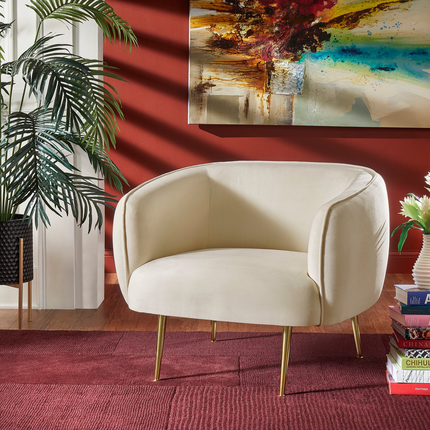 Brass Finish Velvet Upholstered Accent Chair - Beige