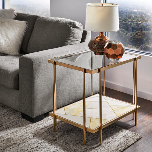 Champagne Gold Finish with Geometric Marble Pattern Glass End Table