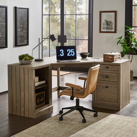 40 in. Corner Desk with USB Chargers and 3-drawer File Cabinet - Medium Oak Finish