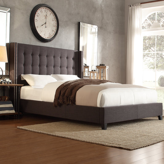 Nailhead Wingback Tufted Upholstered Bed - Dark Gray Linen, King