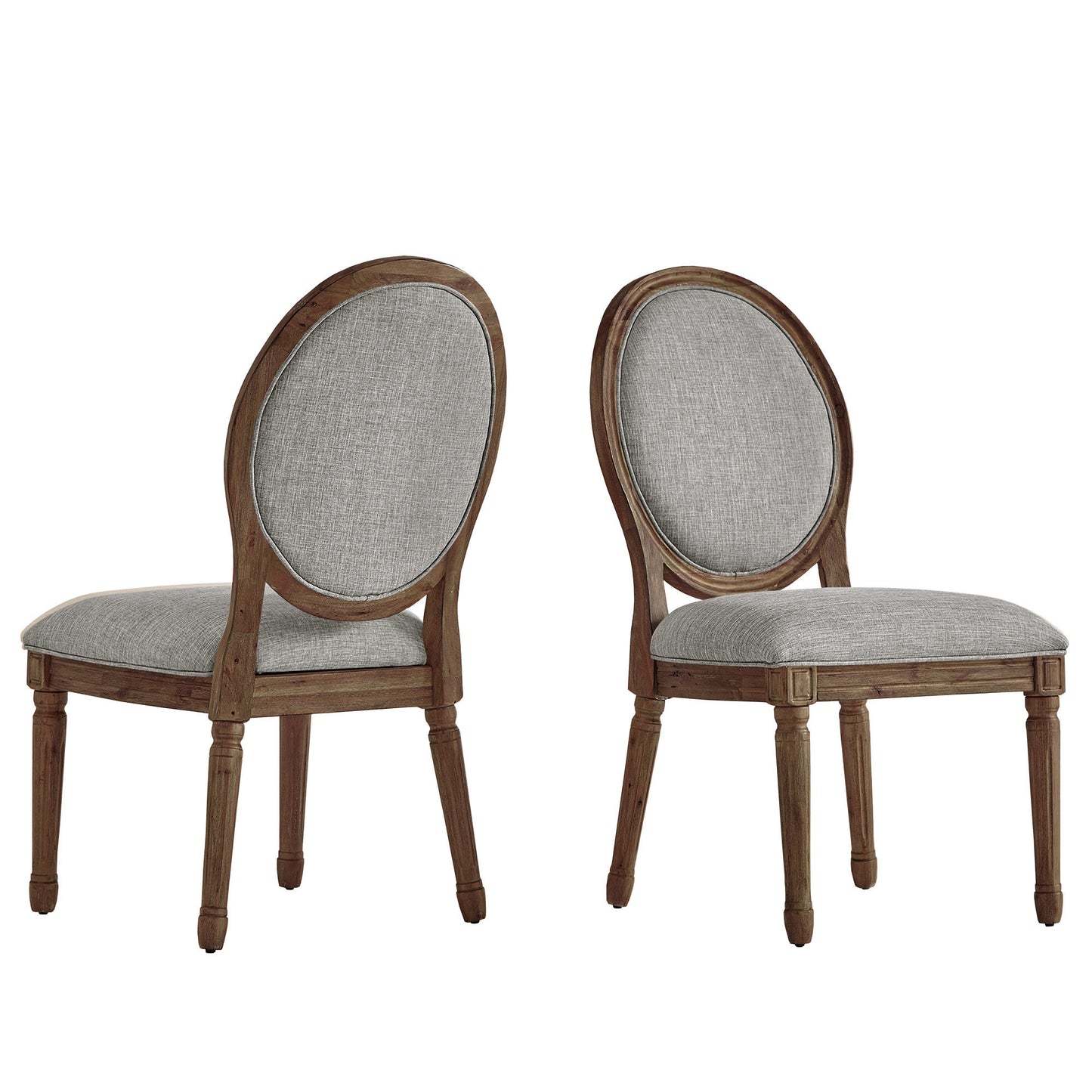 Round Linen and Wood Dining Chairs (Set of 2) - Gray Linen, Brown Finish