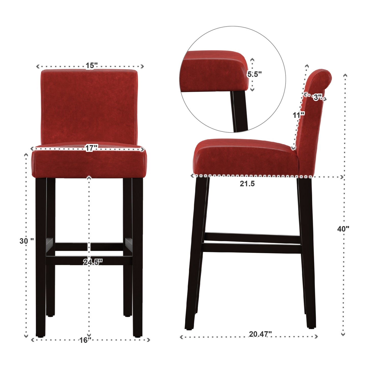 Faux Leather High Back Stools (Set of 2) - Red Vinyl, 30" Bar Height