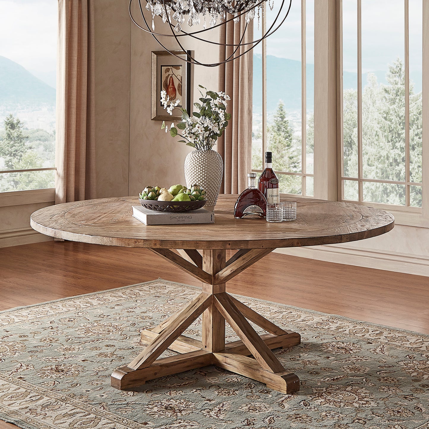 Rustic X-Base Round Pine Finish Dining Table Set - Dark Gray Linan, Archad Bridga Chair Backs