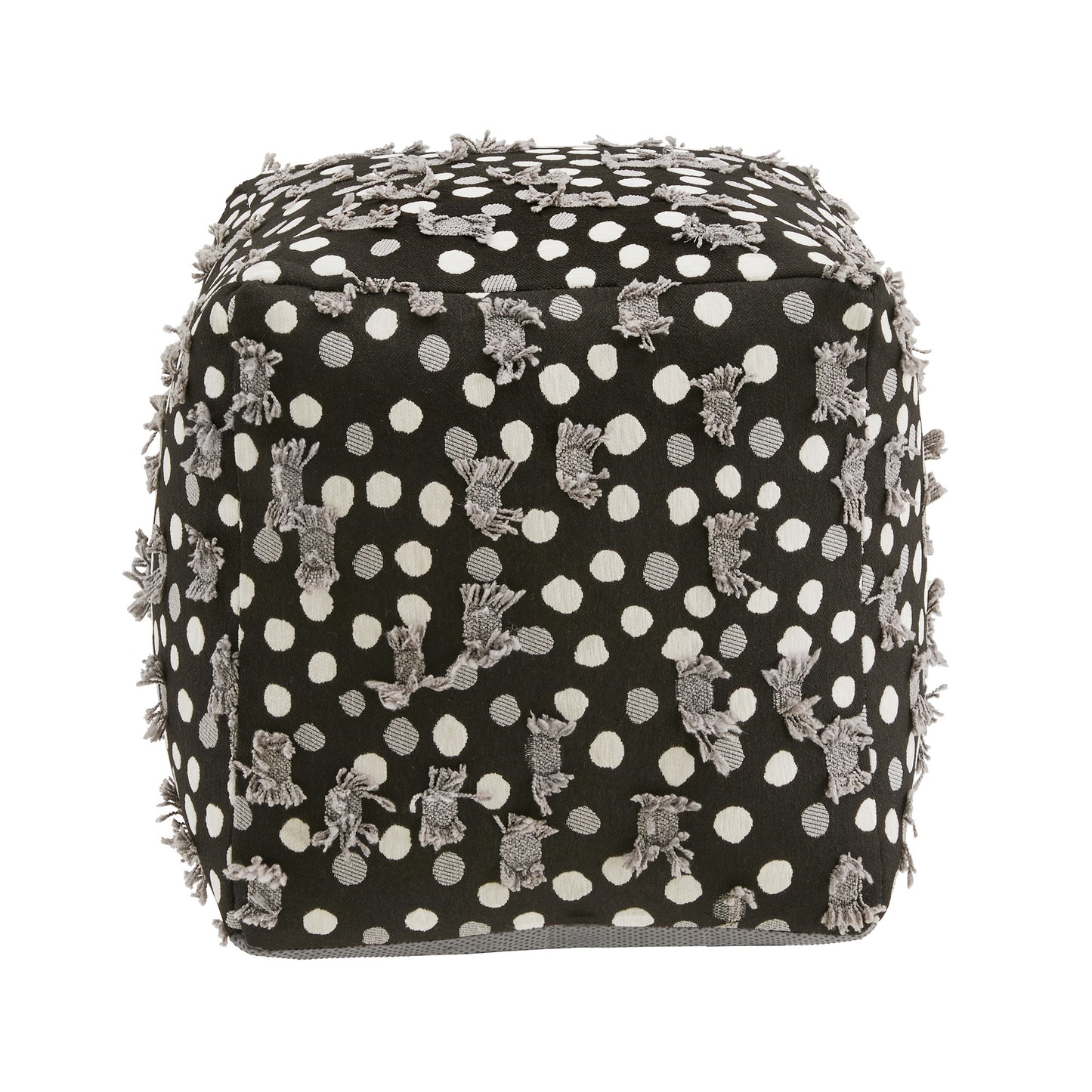 Upholstered Square Pouf Ottoman - Black Whita & Gray Pokar Dot Pattarn Fabric With Fringa