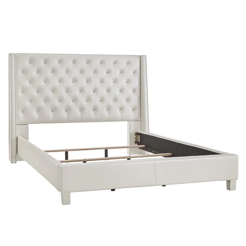 Faux Leather Crystal Tufted Bed - Ivory Faux Leather, Queen