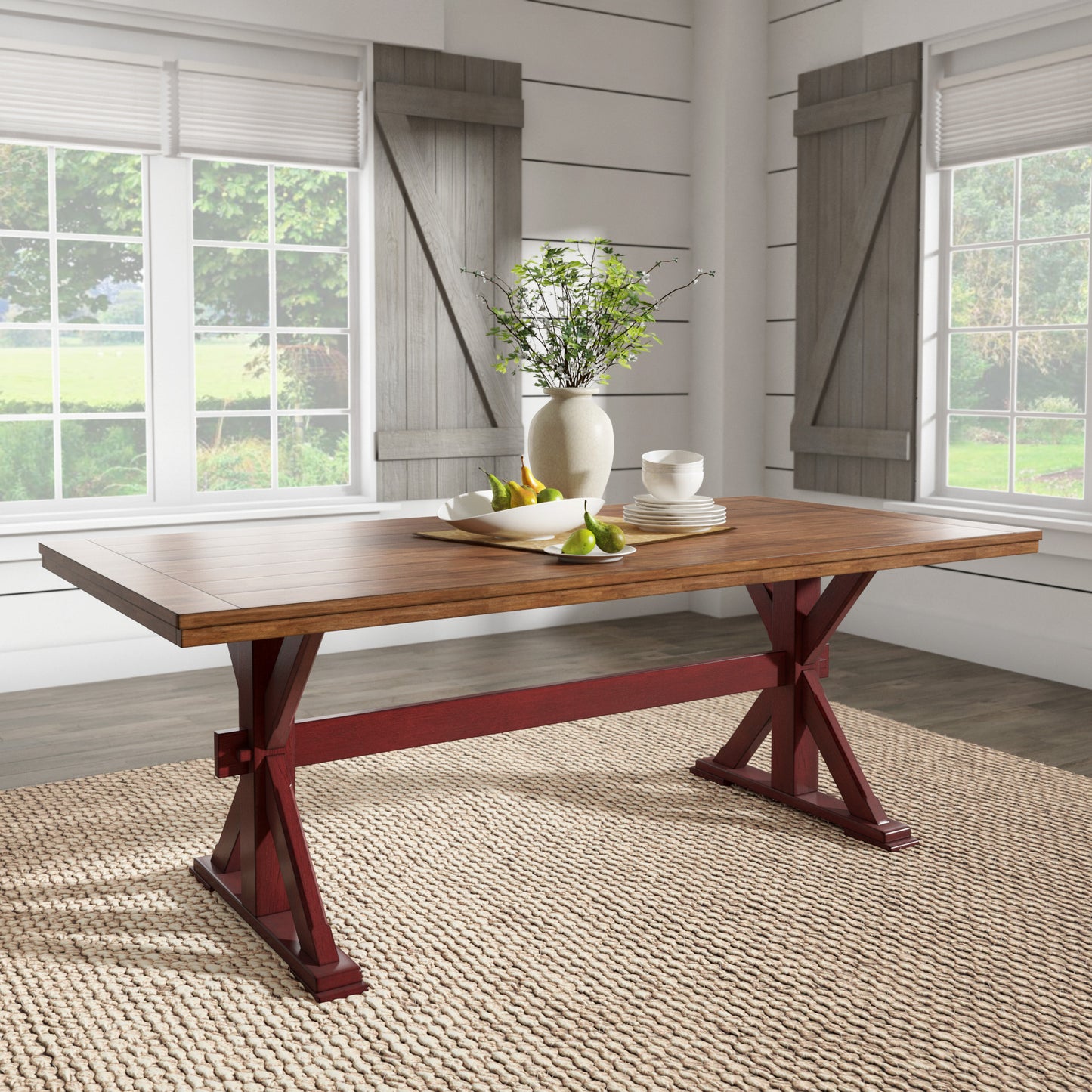 78-inch Oak Top Dining Table With X-Base - Oak Top with Berry Red Base