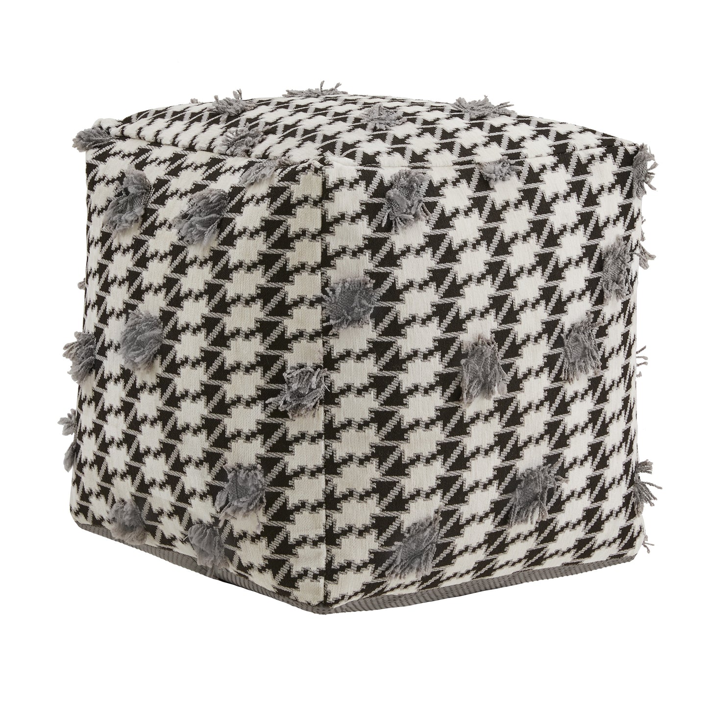 Upholstered Square Pouf Ottoman - Black & White Houndstooth Pattern Fabric With Fringe