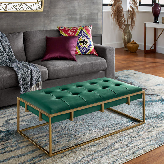 Gold Finish Velvet Button Tufted Rectangular Ottoman - Dark Green, Rectangular