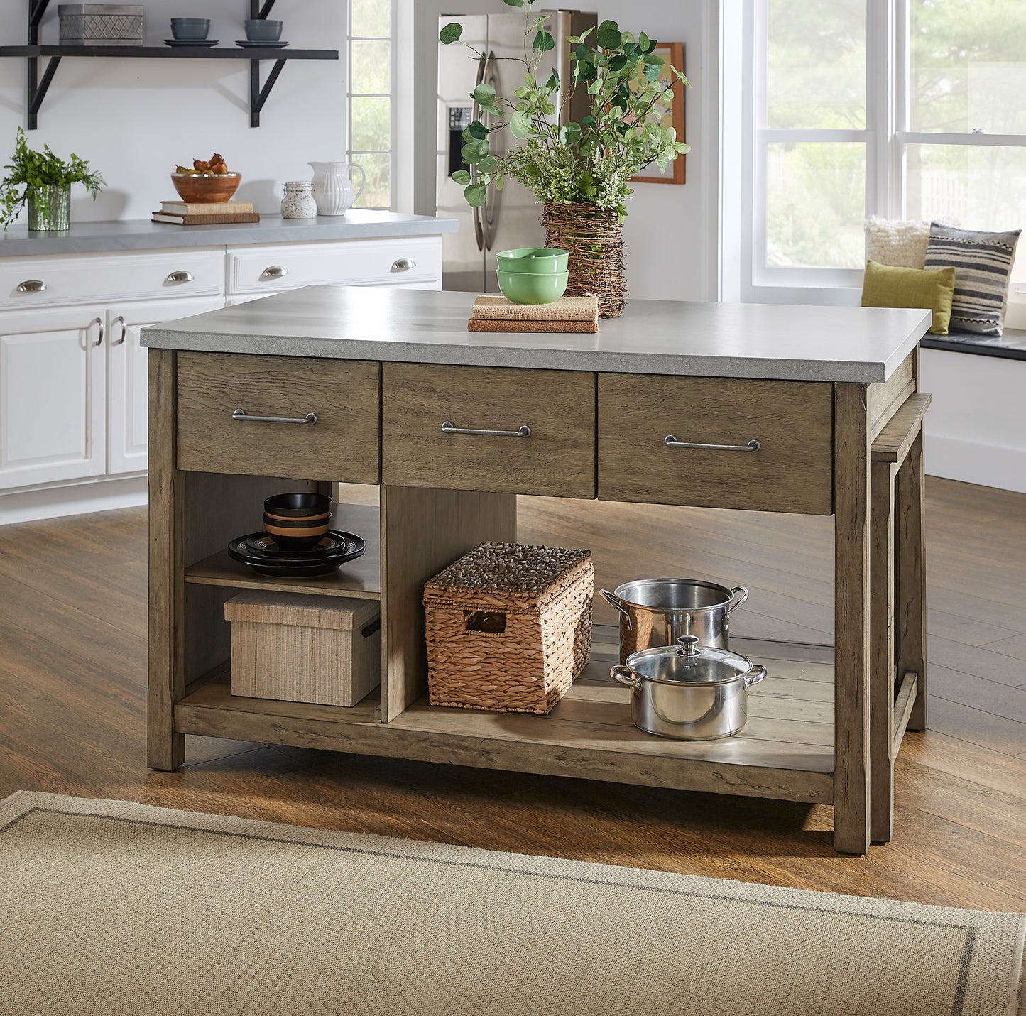 Reclaimed Look Extendable Kitchen Island - Antique Gray Finish, Concrete Veneer Top