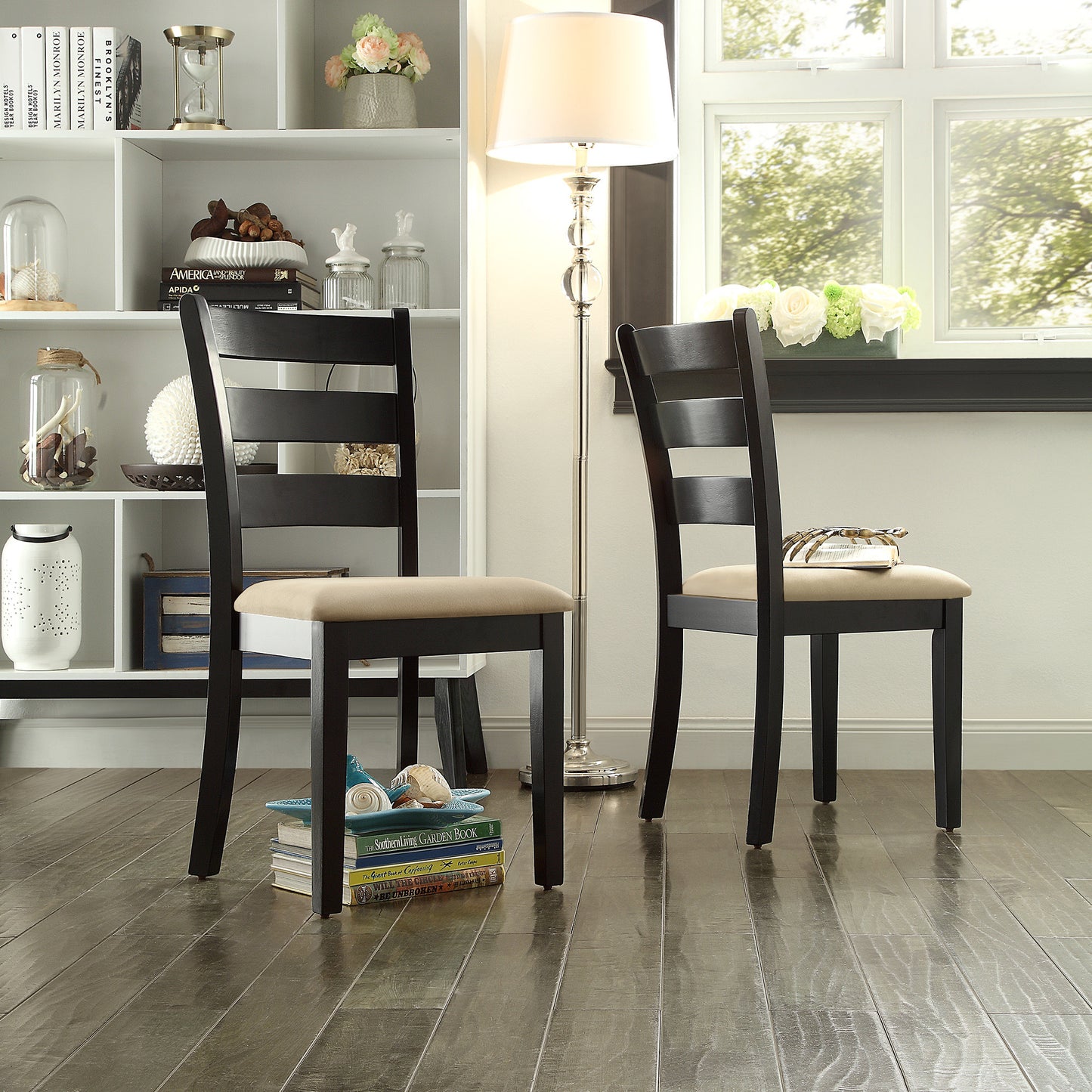 Black Wood Dining Set - Round Dining Table, Ladder Back Chairs, 5-Piece Set