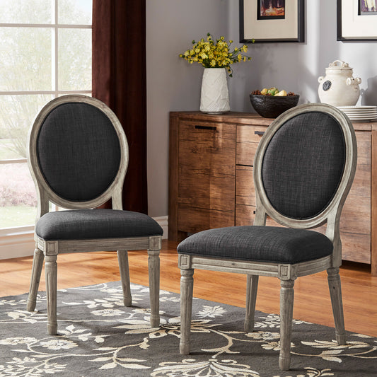 Round Linen and Wood Dining Chairs (Set of 2) - Dark Gray Linen, Antique Gray Oak Finish