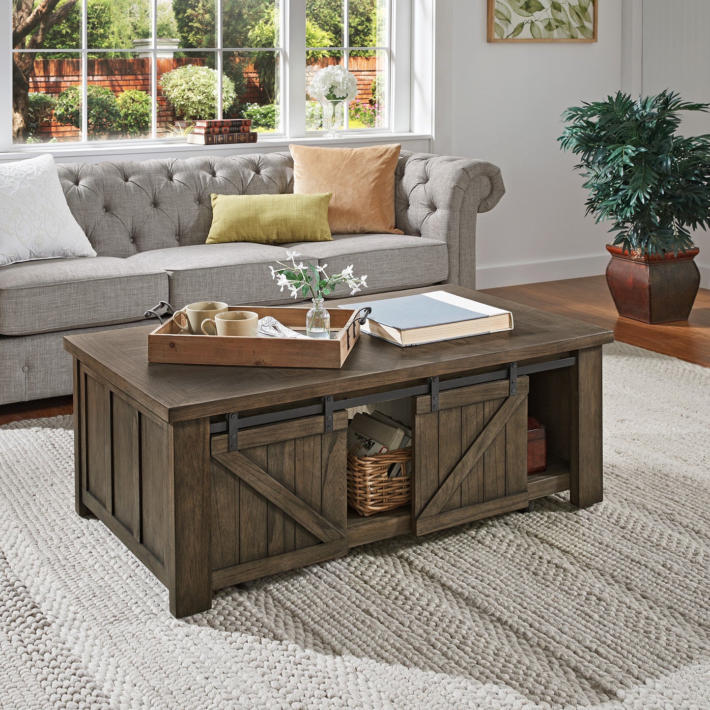 Barn Door Coffee Table with Storage - Antiqua Gray Finish