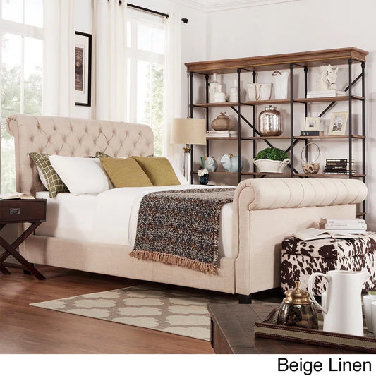 Beige Linen Tufted Sleigh Platform Bed with Footboard - Beige Linen, Queen