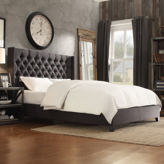 Wingback Button Tufted Platform Bed - Dark Gray Linen, Queen, Platform Bed