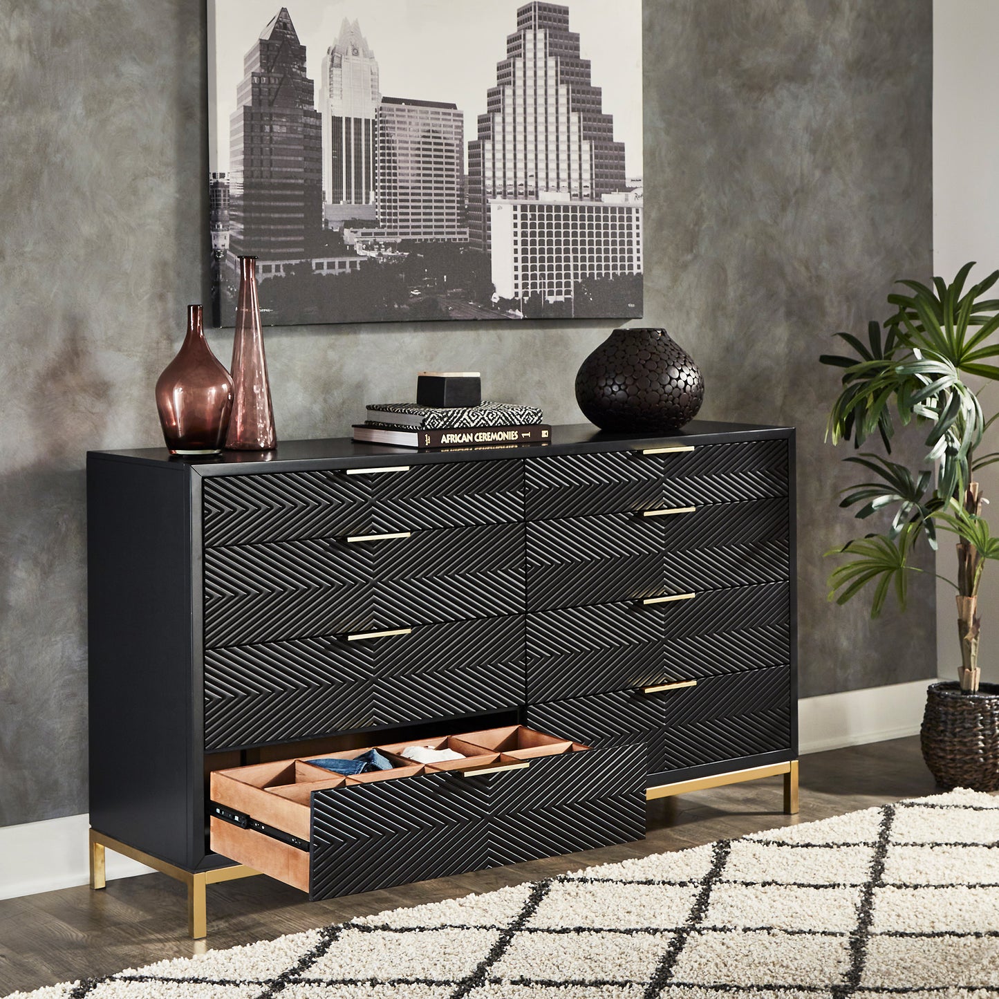 64" Wide 8 - Drawer Dresser - Black Finish, Gold Accent, Dresser Only