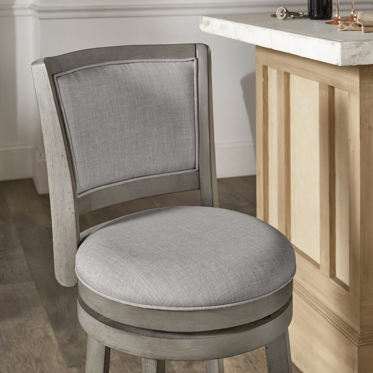 Upholstered Back Swivel Stool - 24" Counter Height, Antique Gray Finish, Gray Linen