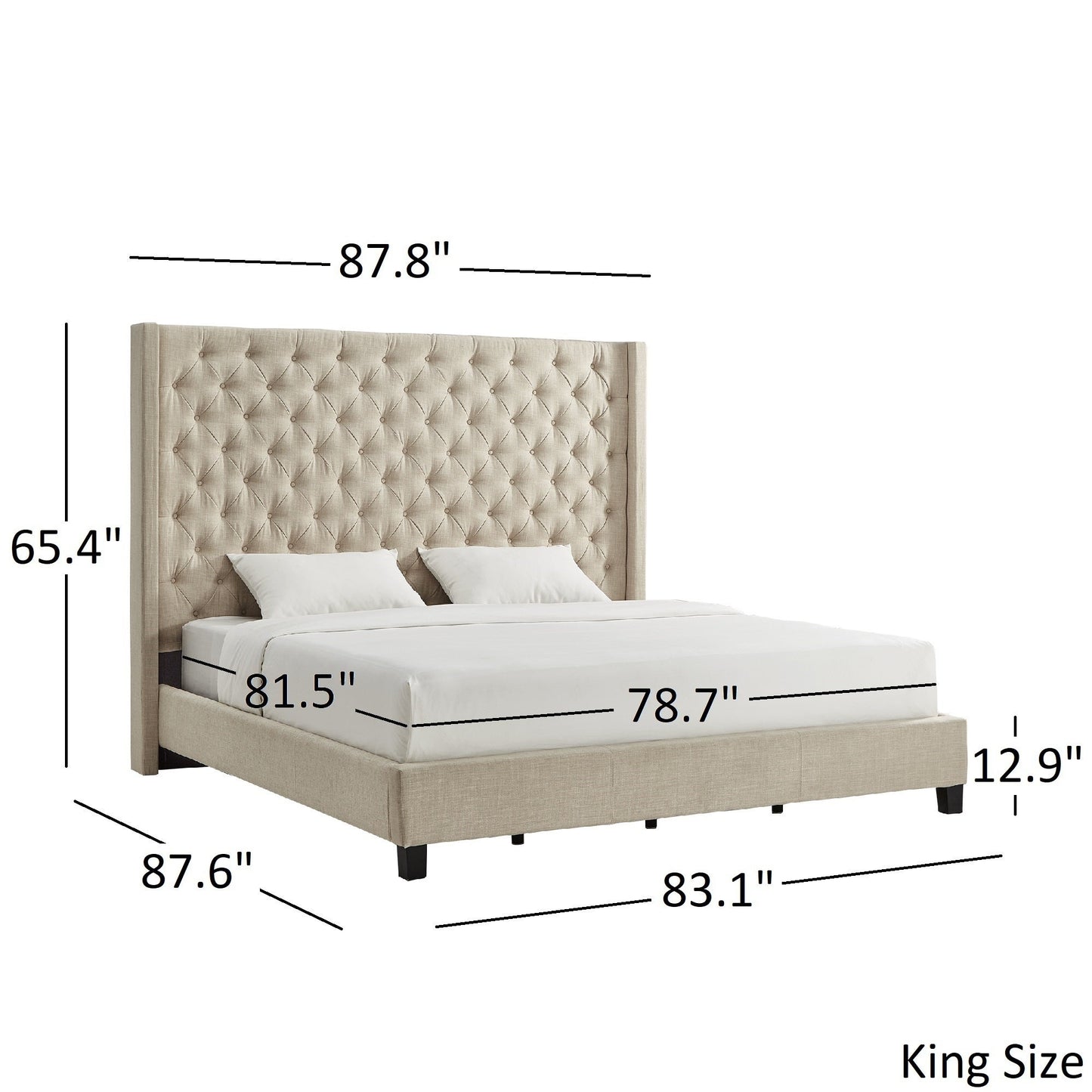 Wingback Button Tufted 84" Tall Headboard Platform Bed - Beige Linen, King