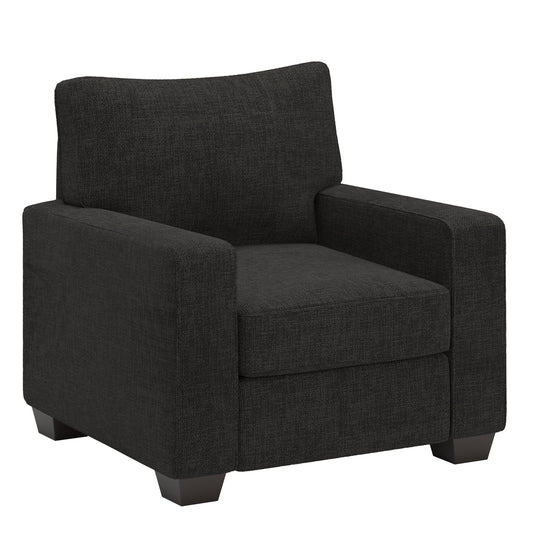 Modern Fabric Upholstered Square Arm Sofa Set - Living Room Chair, Loveseat and Sofa, Black Woven Fabric