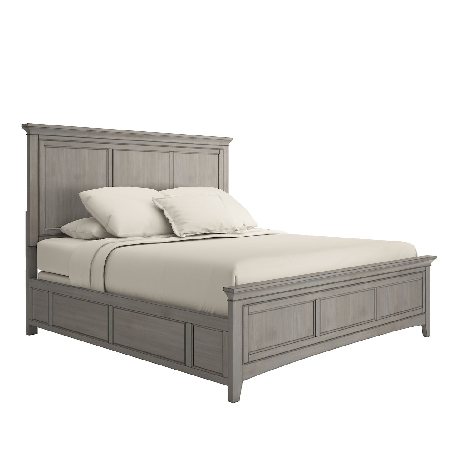 Wood Panel Platform Storage Bed - Antiqua Gray Finish, 1 Sida of Storaga with 2 Drawars, King Siza