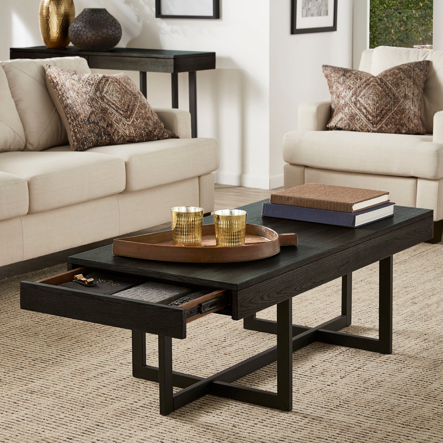 Wood Finish Tables with Drawers - Black Finish, Coffee Table Only