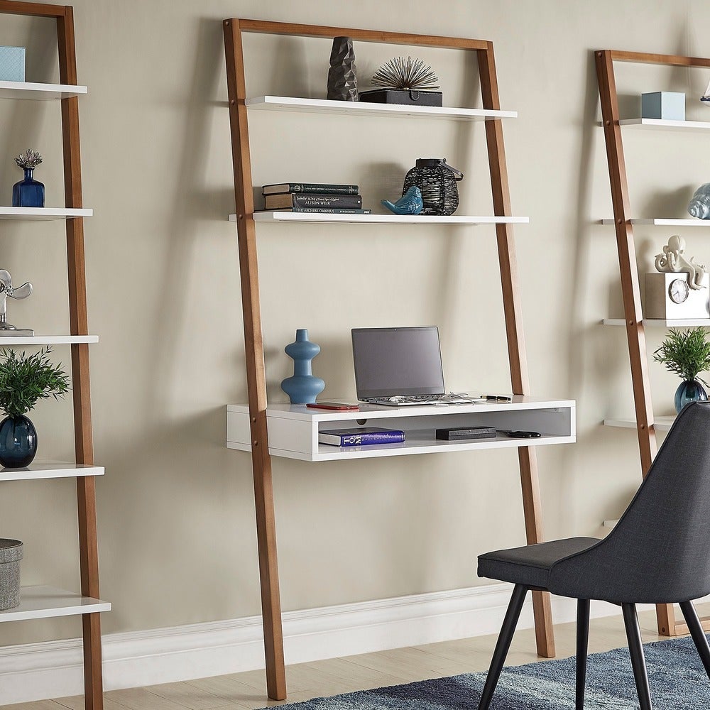 Two-Tone Leaning Ladder Desk and Bookcase Set - Natural and White Finish, 1 Desk and 2 Ladder Bookcases