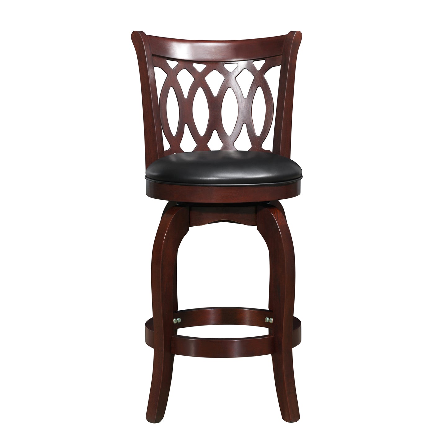 Scroll Back Swivel Stool - 24" Counter Height, Cherry Finish, Black Faux Leather