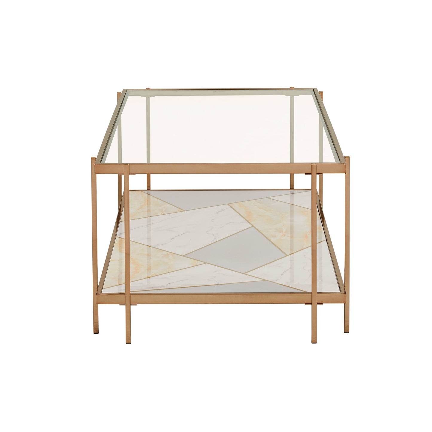 Champagne Gold Finish with Geometric Marble Pattern Glass Coffee Table