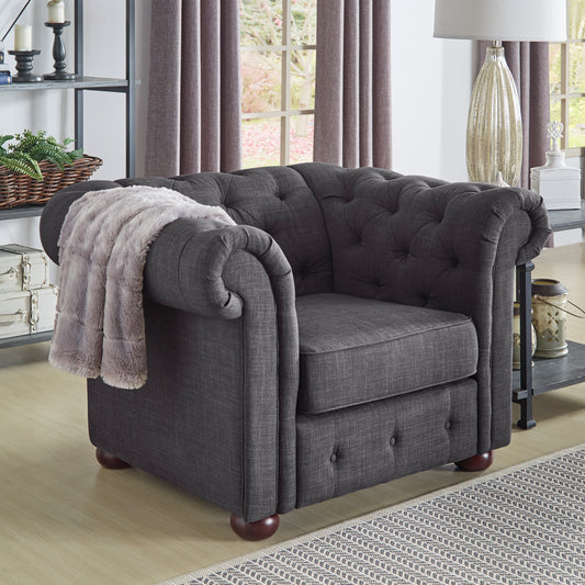 Tufted Scroll Arm Chesterfield Chair - Dark Gray Linen