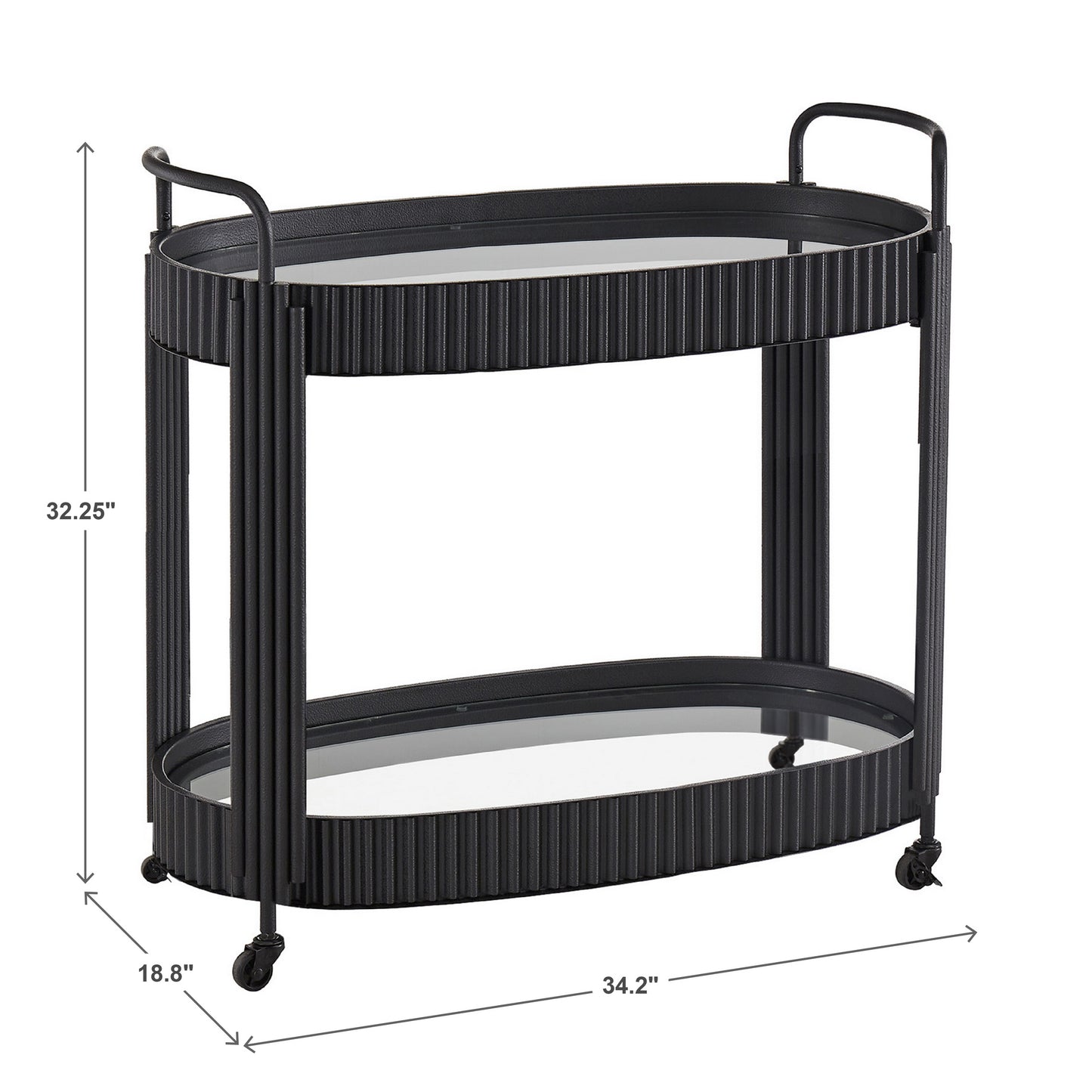 Black Finish Metal Oval Bar Cart with Clear Tempered Glass