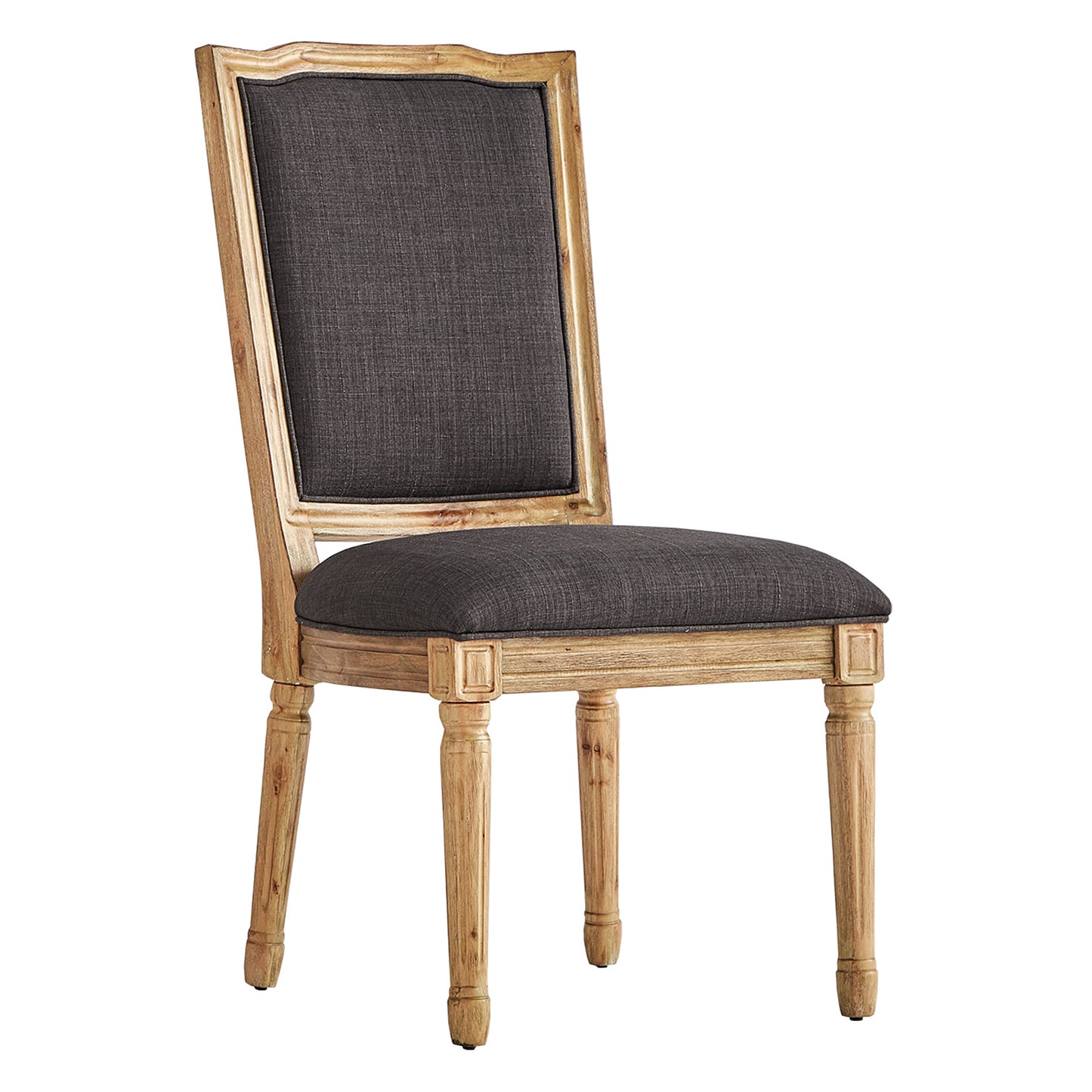 Ornate Linen and Wood Dining Chairs (Set of 2) - Dark Gray Linen, Natural Finish