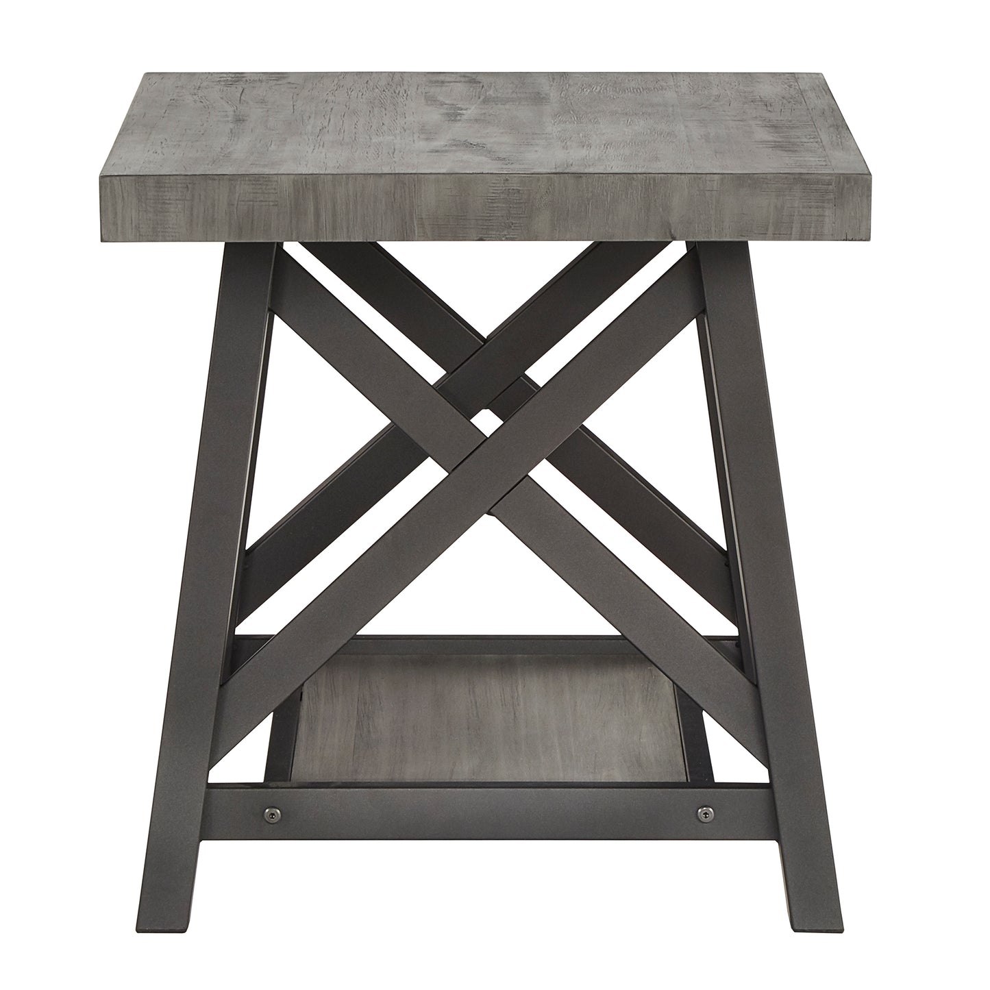 Rustic X-Base End Table with Shelf - Gray Finish