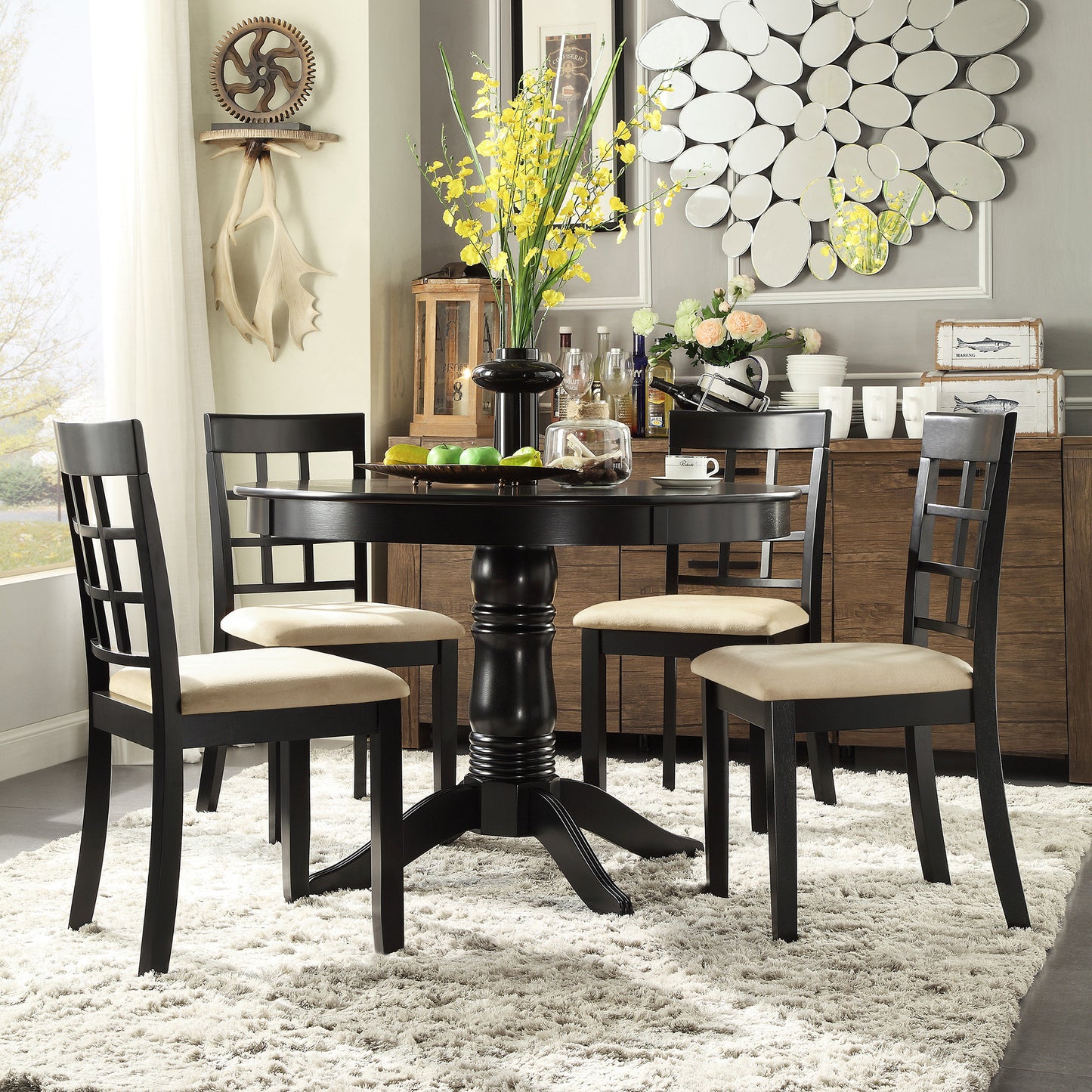 Black Wood Dining Set - Round Dining Table, Window Back Chairs, 5-Piece Set