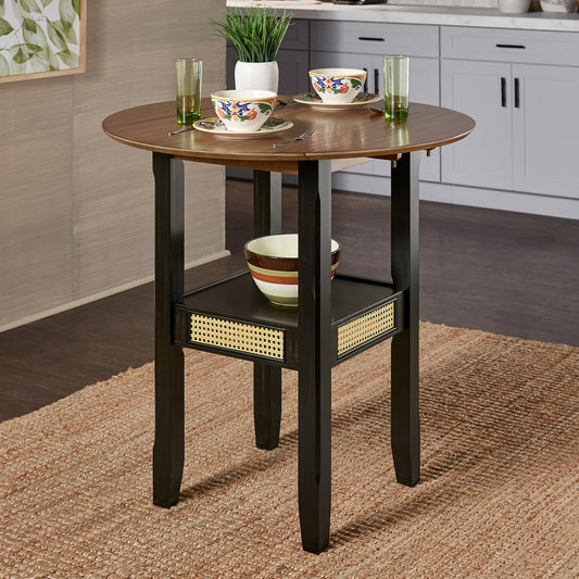 Cane Accent Counter Height - Round Top Table with 2-Drop Leaves, Oak and Antique Black Finish