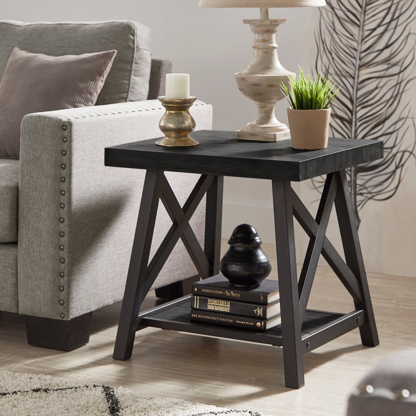 Rustic X-Base Accent Tables - Black Finish, End Table, Coffee Table, and Sofa Table Set