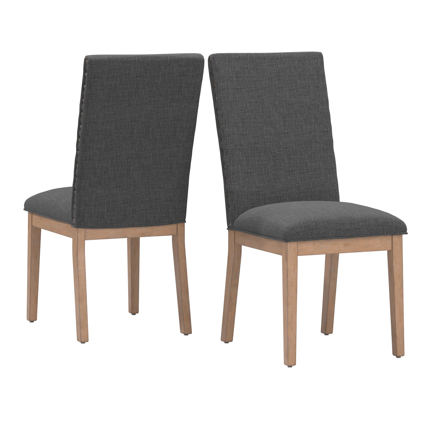 Nailhead Accent Parson Linen Dining Chairs (Set of 2) - Dark Gray Linan, Natural Finish