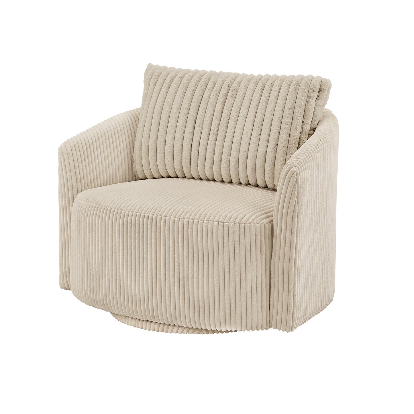 Oversized Wale Corduroy Swivel Accent Chair with Furry Channel Pillow - Beige Chair, Taupe Pillow