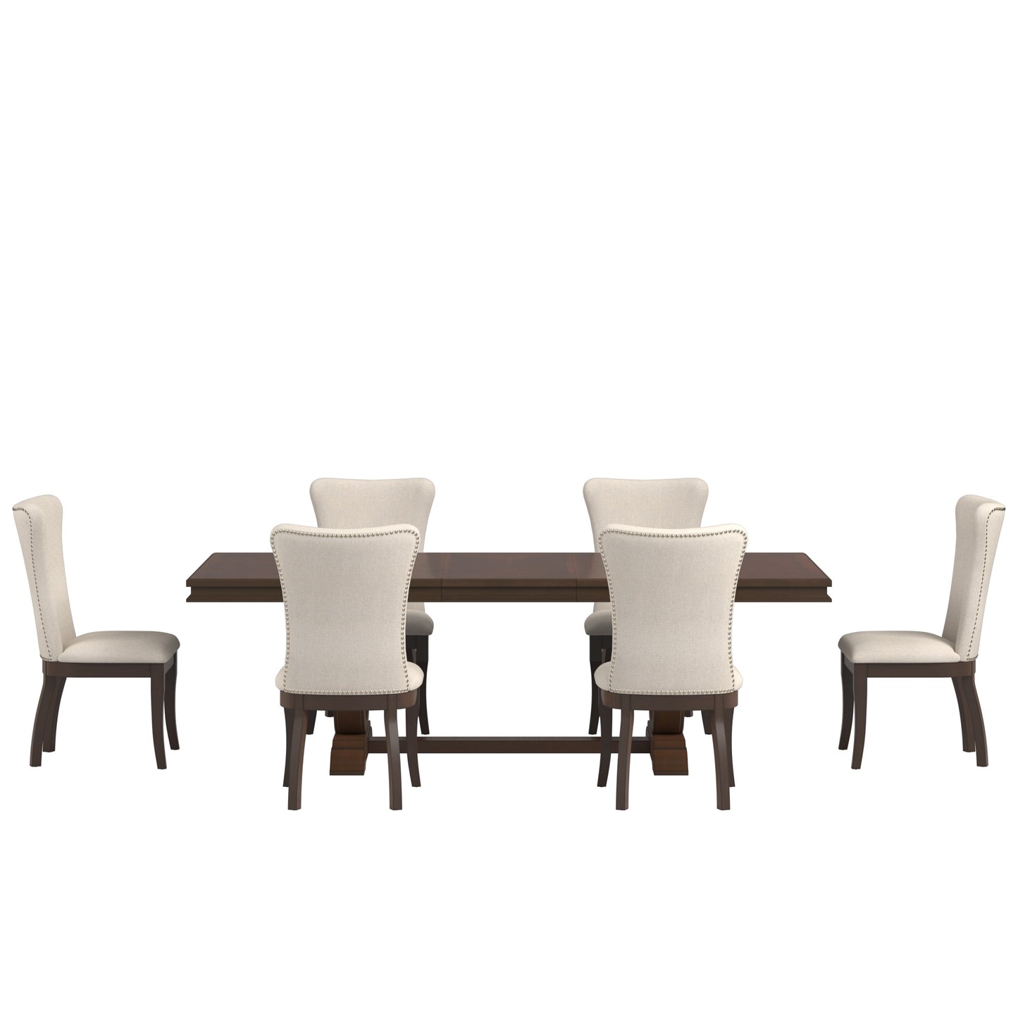 Dark Cherry Wood and Beige Fabric Extendable Dining Set - 7-Piece Set