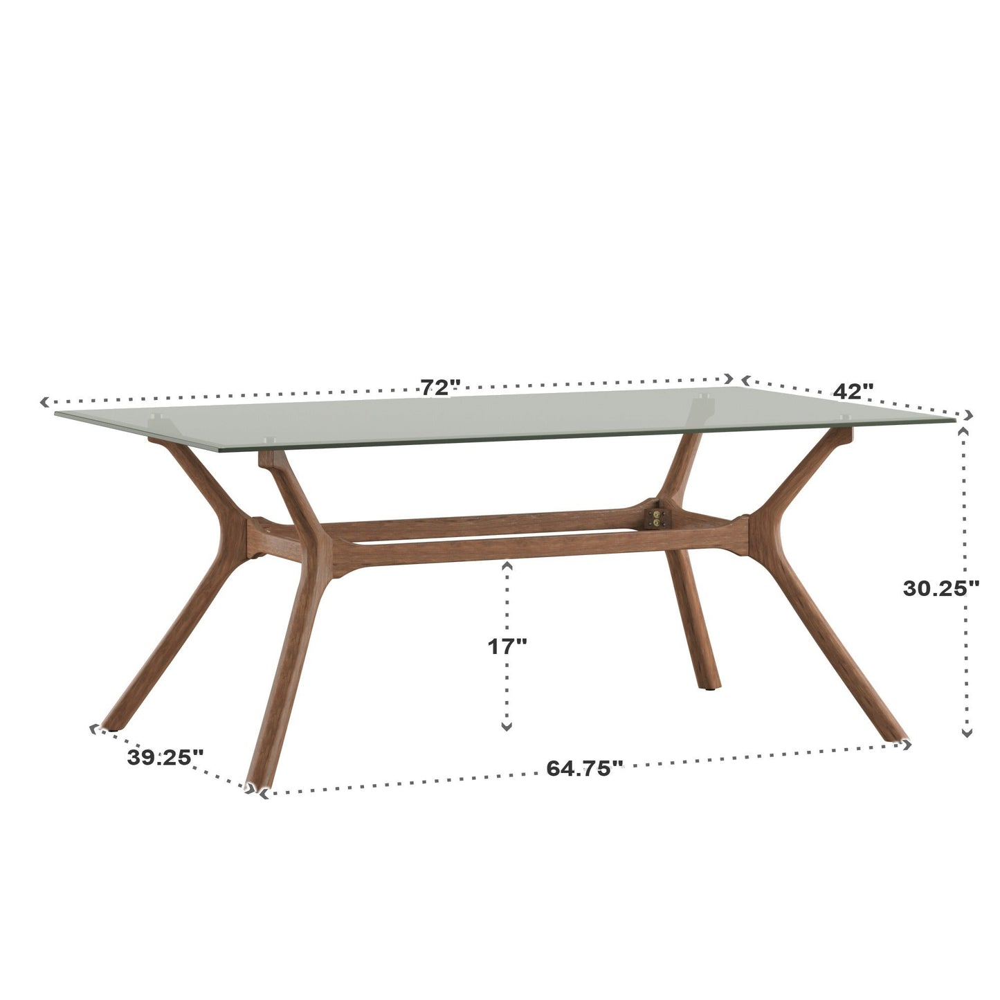 Mid-Century Walnut Finish Rectangular Dining Table - Smoked Glass Top